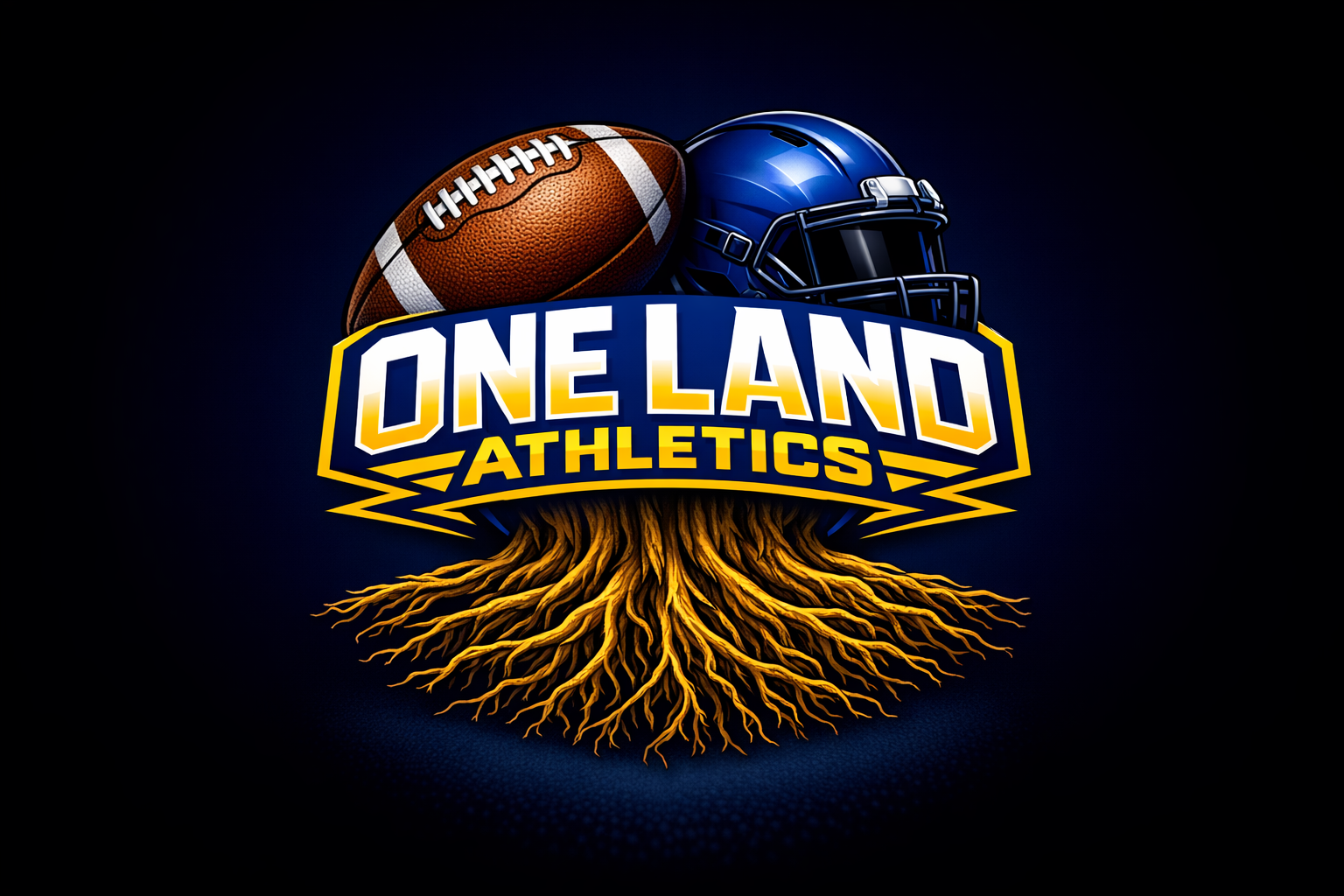 A logo for One Land Athletics featuring a football and a blue helmet with roots extending from the bottom.