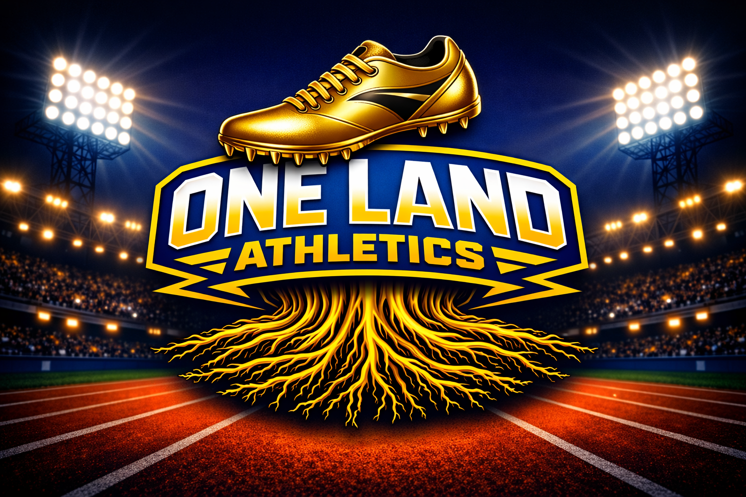 A stadium at night with bright floodlights, a golden athletic shoe above a logo that reads 'One Land Athletics', and roots extending from the logo onto a running track.