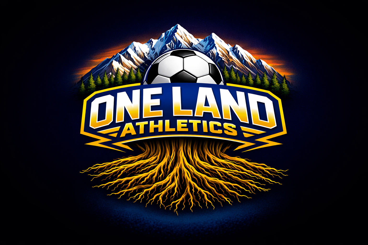Logo for One Land Athletics featuring a mountain range, pine trees, a soccer ball, and roots.