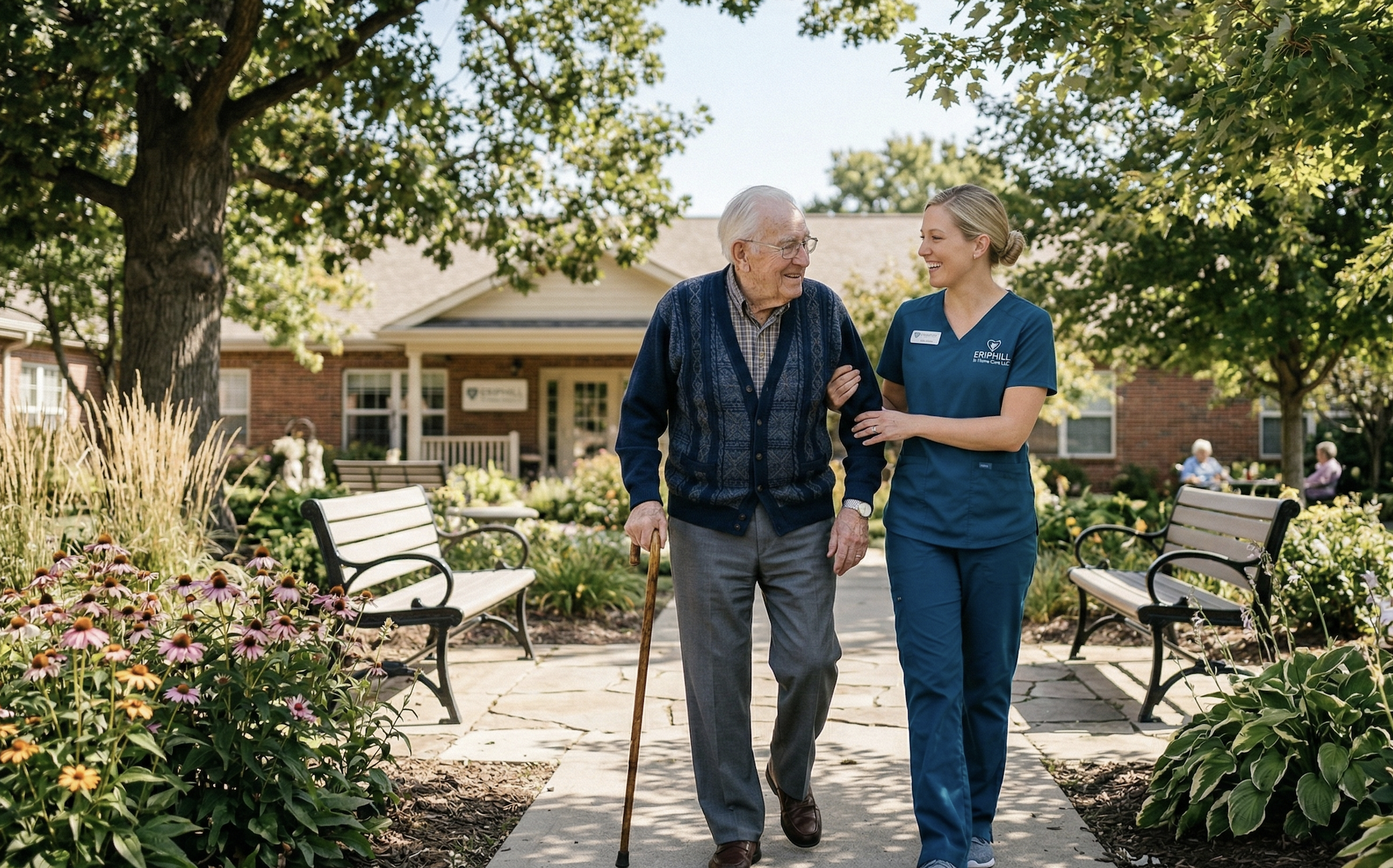 A young woman in blue scrubs assists an elderly man with a cane as they walk together through a garden at a healthcare facility. Both are smiling and engaged in conversation.