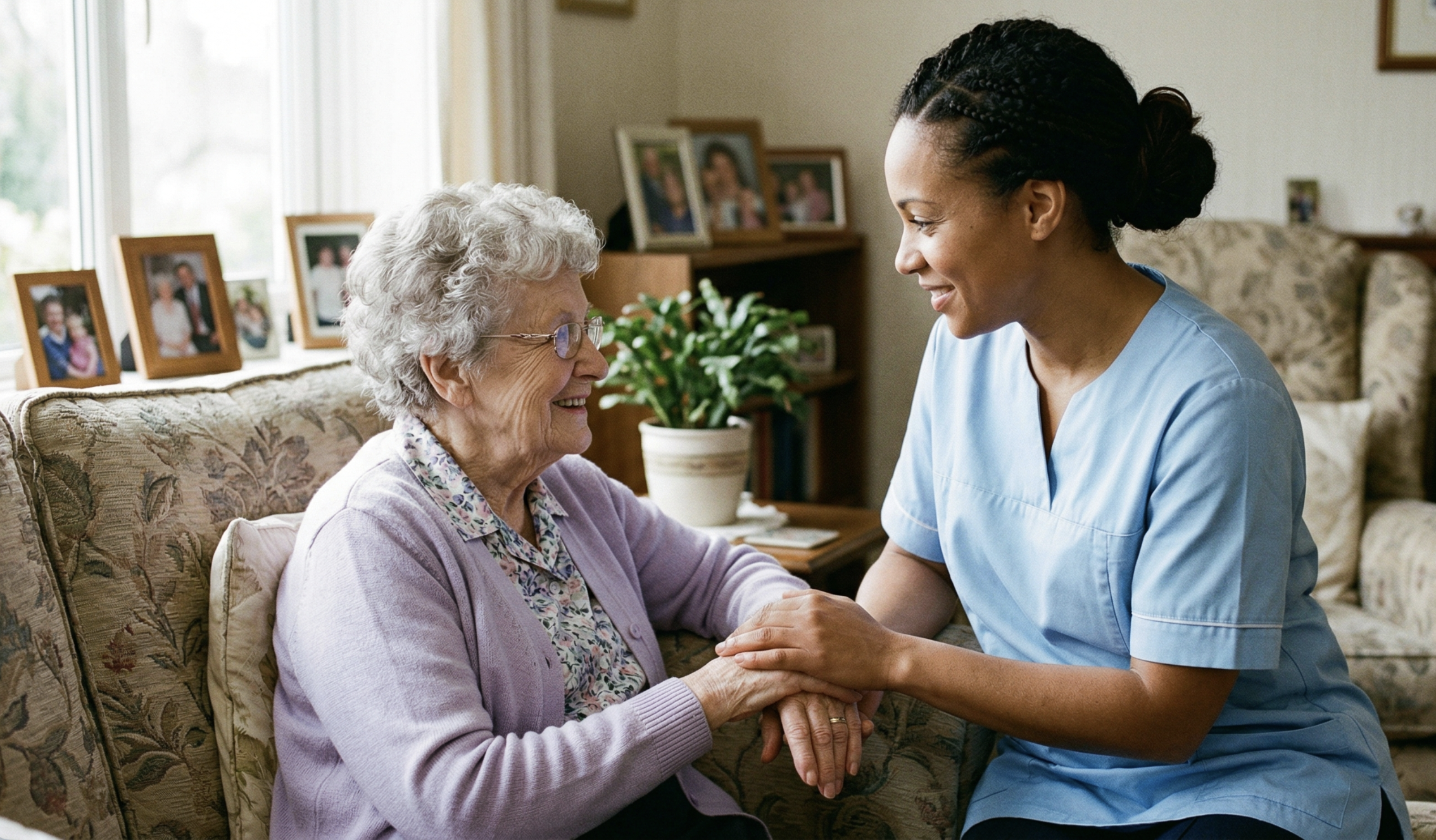 A young woman in medical scrubs holding hands and smiling at an elderly woman sitting on a floral sofa in a cozy living room filled with family photos and a potted plant.