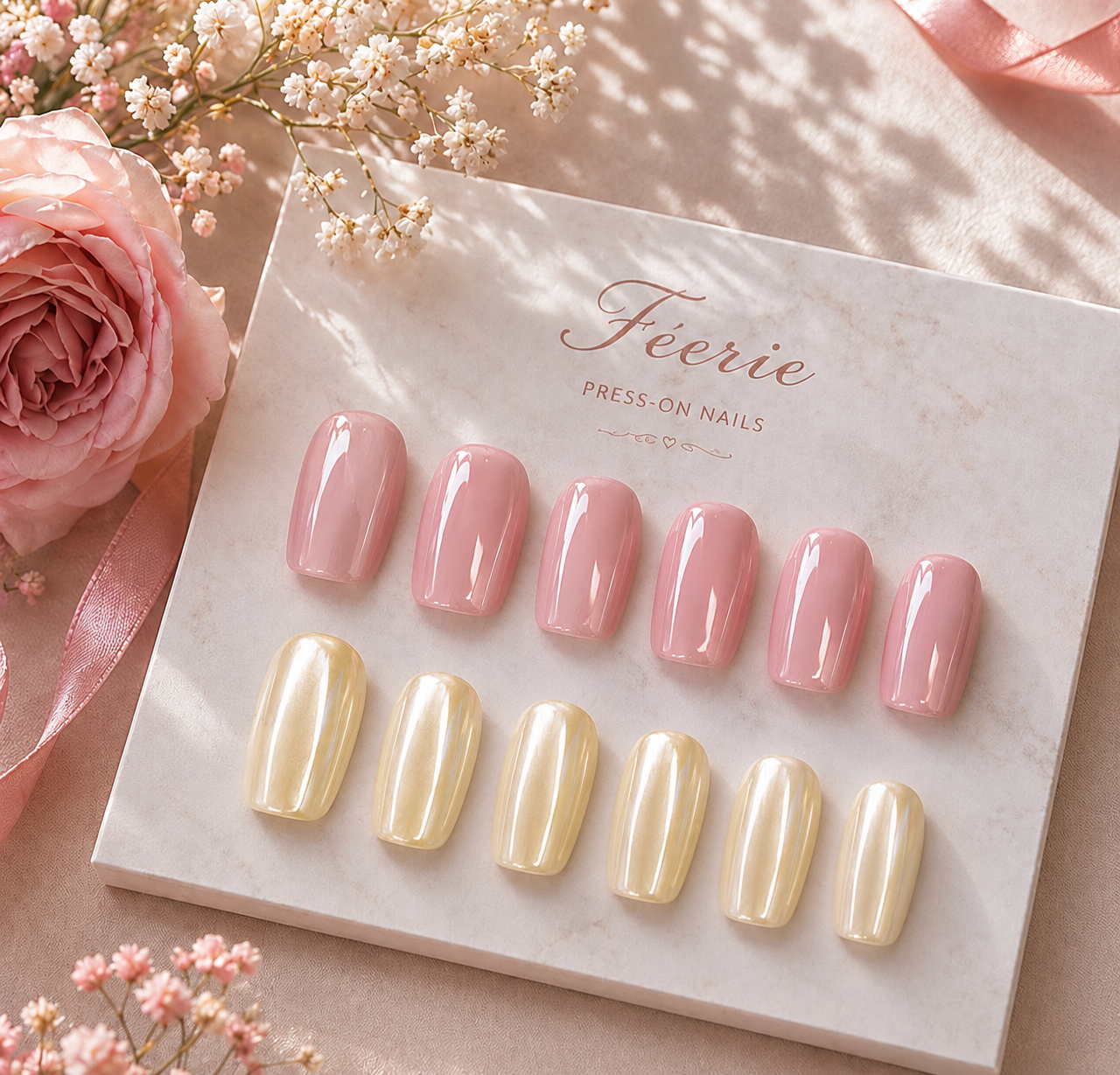 Collection d'ongles press-on de couleurs rose pâle et jaune perlé, présentée sur une boîte avec le mot 'Féerire' écrite en cursive, entourée de fleurs et de rubans roses.