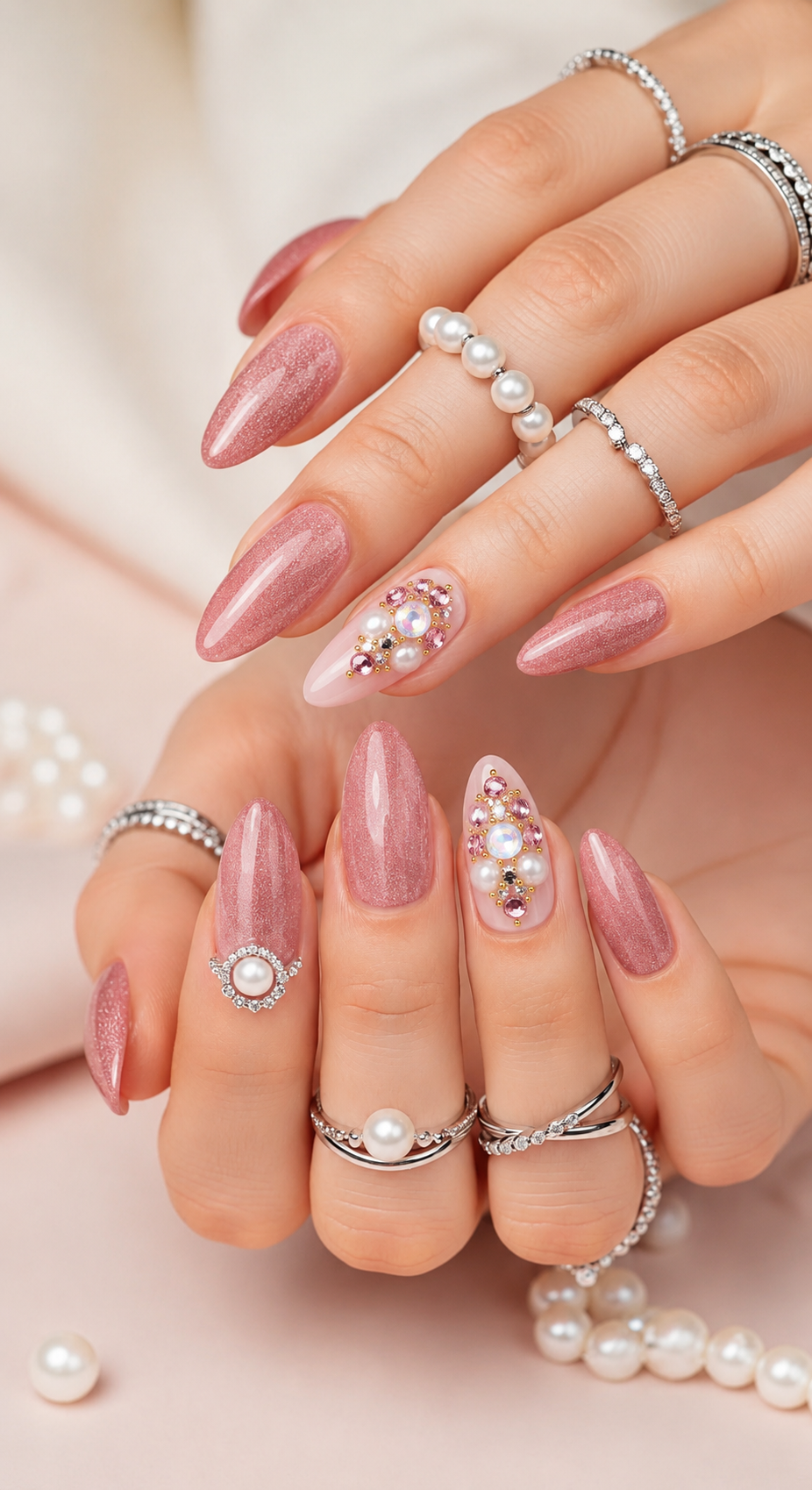 Mains avec ongles en rose nacré, ornés de bijoux et de bagues avec perles et pierres précieuses, entourées de colliers de perles.