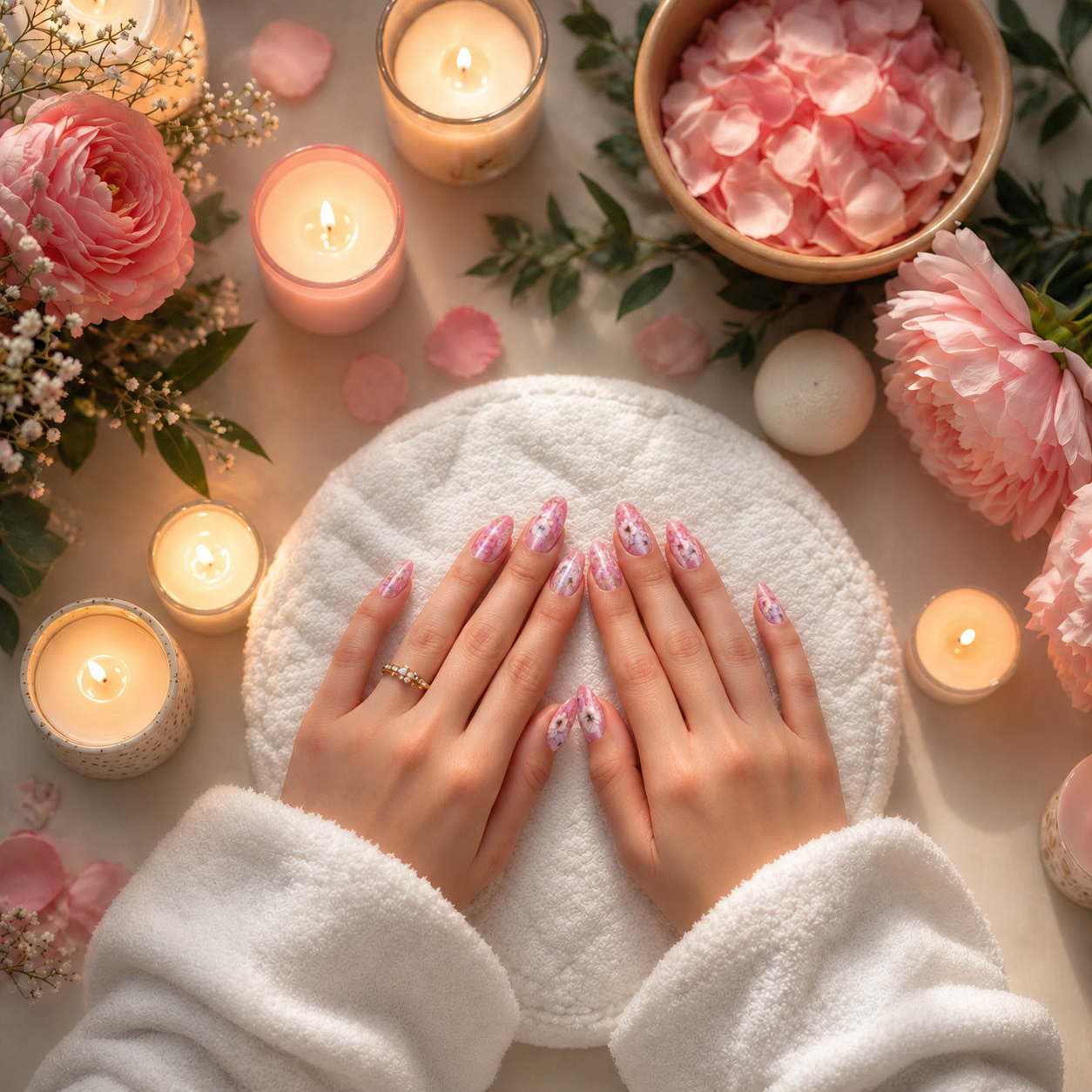 Mains avec manucure artistique reposant sur une serviette blanche, entourées de bougies, fleurs roses, pétales de rose, et produits de spa dans un cadre décoratif