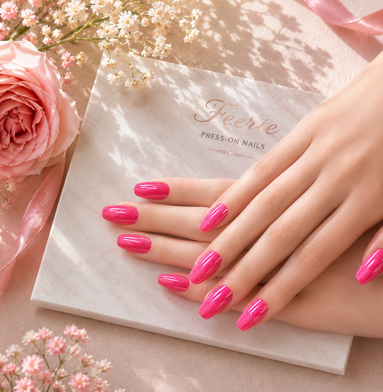 Mains avec ongles peint en rose brillant posé sur un livre intitulé 'Féérie PRESS-ON NAILS', entourées de fleurs roses et blanches.