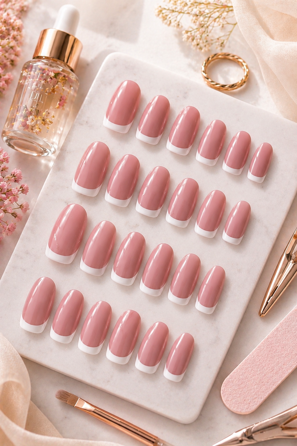 Une planche de faux ongles de couleur rose avec une finition French manucure blanche, disposés en rangée. Autour, des accessoires de manucure, un flacon de parfum avec des fleurs, un anneau en or, une lime à ongles rose, et un pinceau de maquillage, sur un fond beige et un tissu transparent.