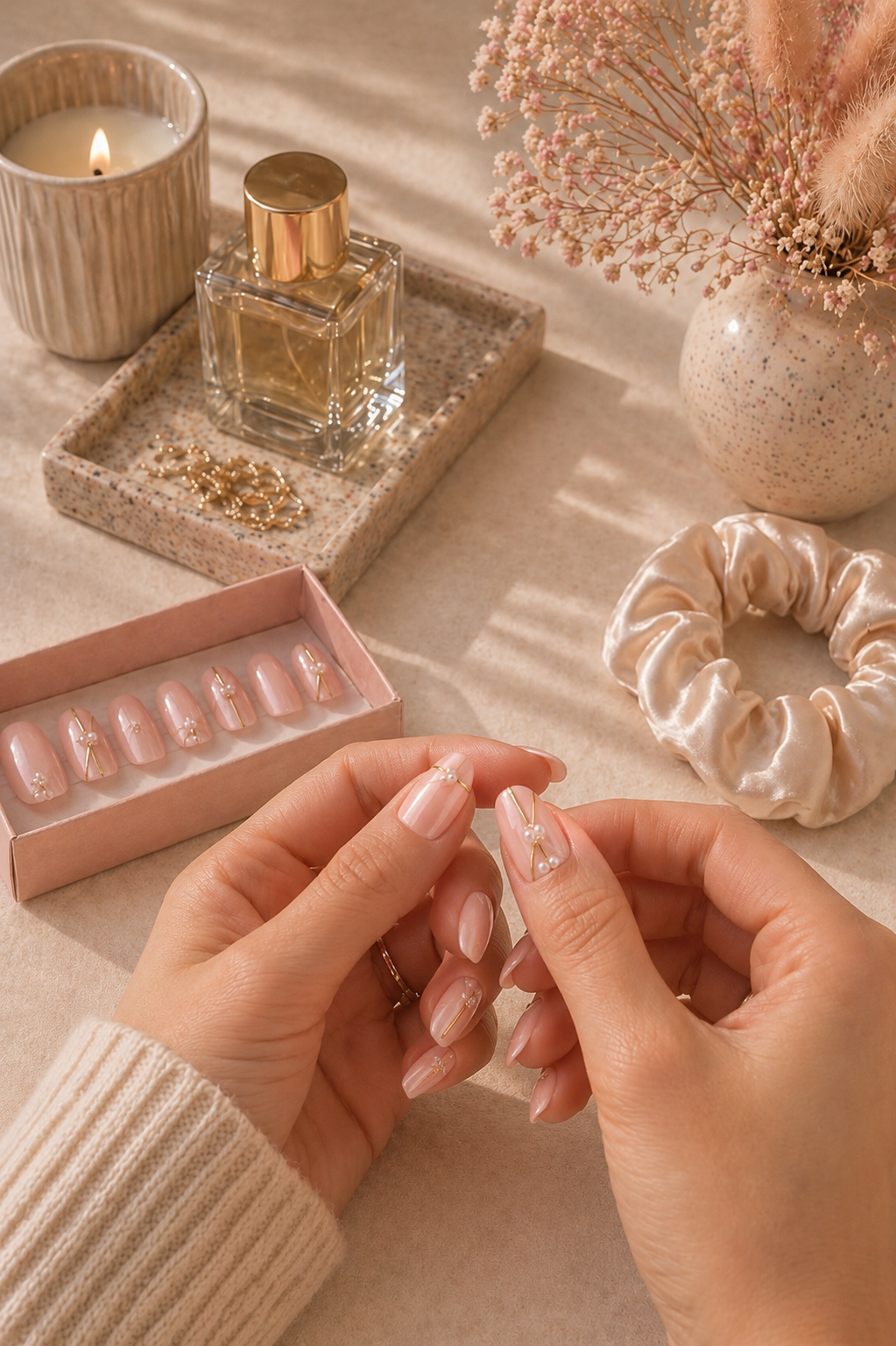 Une personne prépare des nail arts, entourée de décorations de bijoux, de fleurs séchées et d'une bougie