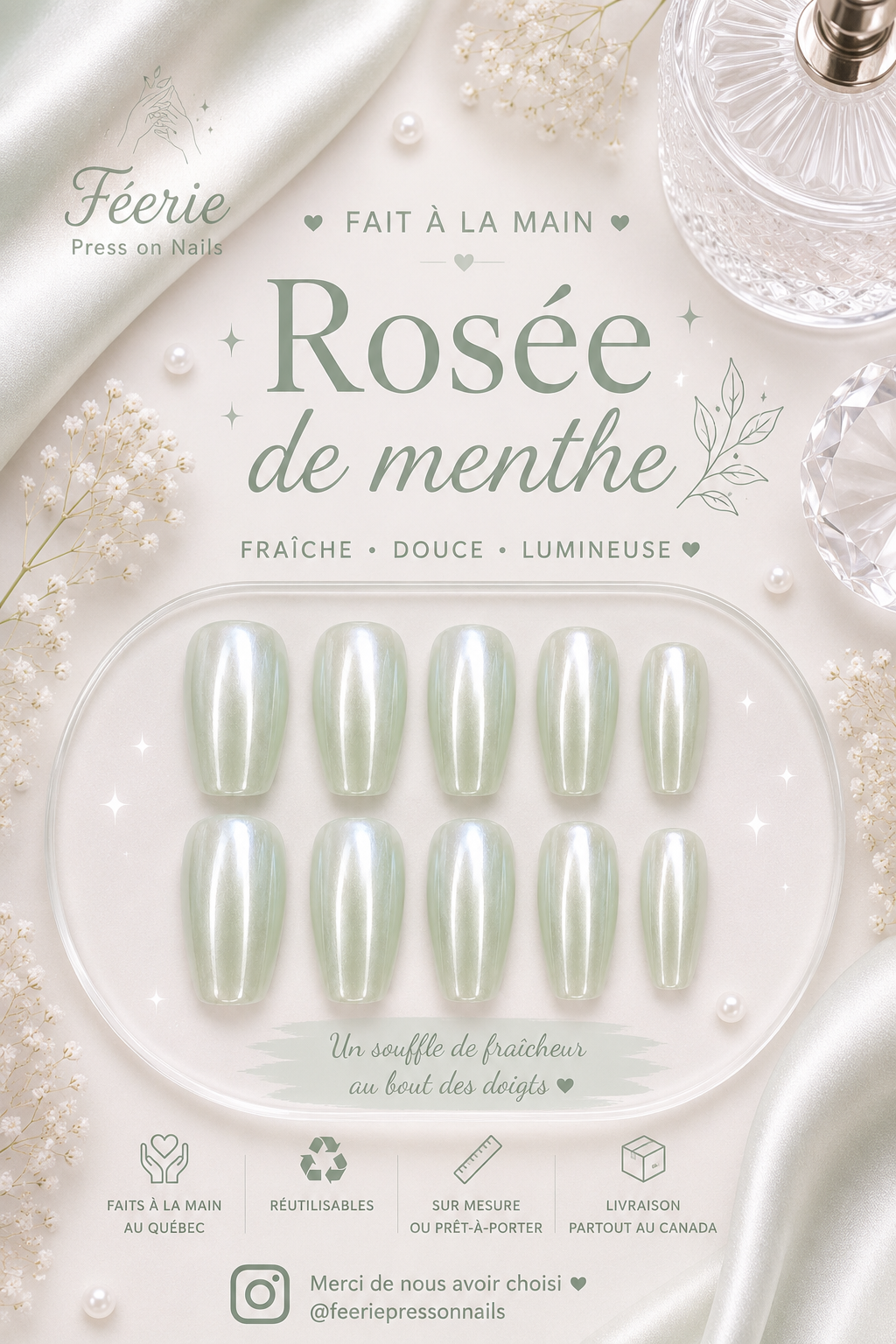 Fiche d'information présentant des ongles en gel de couleur rosée de menthe, faits à la main, description en français et en anglais, entourés de fleurs et d'objets de décoration.