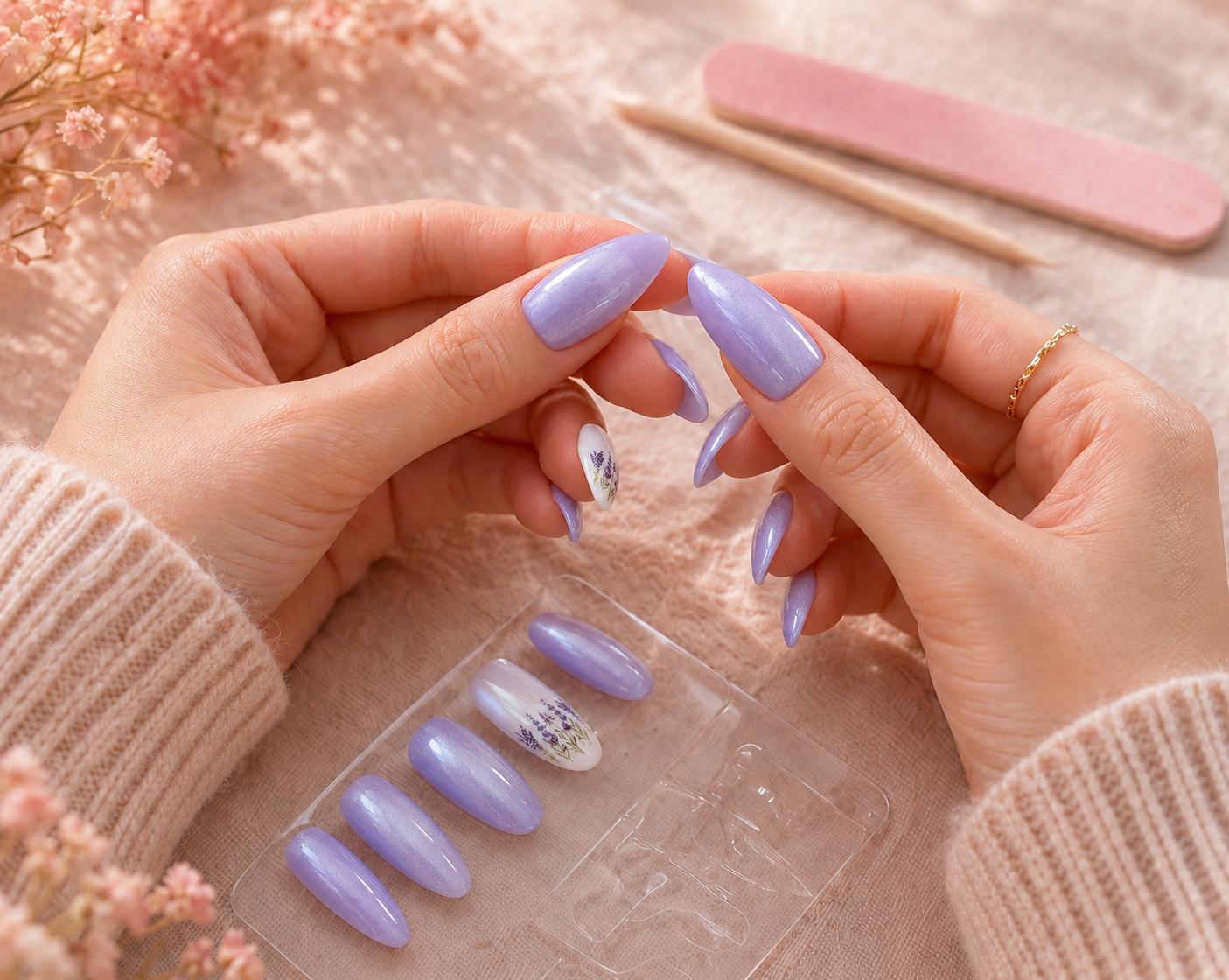 Des mains avec des ongles en gel violet, tenant une fausse extension d'ongle, avec un kit de faux ongles violet et un tampon à ongles en arrière-plan, sur une surface rose.