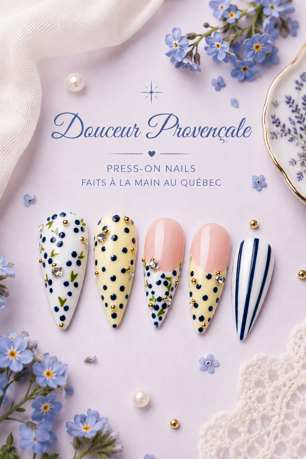 Vitrine de faux ongles décorés avec motifs bleus, blancs, dorés, et roses, entourée de fleurs violettes et d'accessoires en dentelle, promotionnée par un texte en français sur une surface rose pâle.