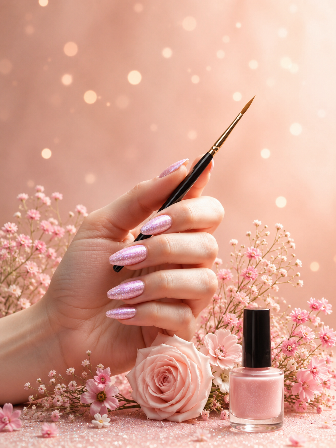 Main tenant un pinceau de peinture au centre, entourée de fleurs roses et d'un vernis à ongles rose pâle glitter, avec un fond rose avec des points lumineux.