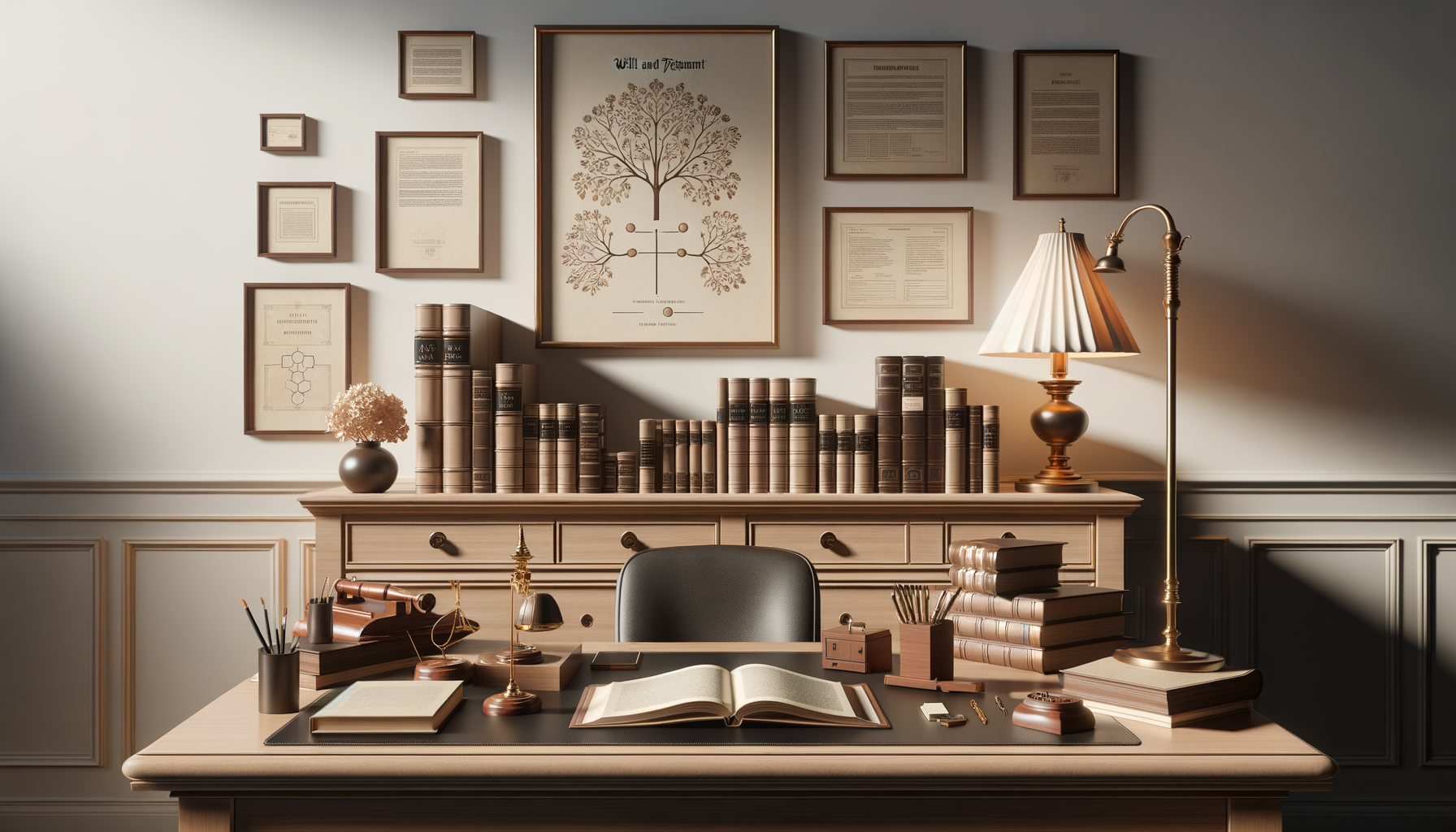 An elegant office with a desk, open book, and stacks of books, illuminated by a table lamp and a floor lamp, with framed documents and a large chart on the wall behind.