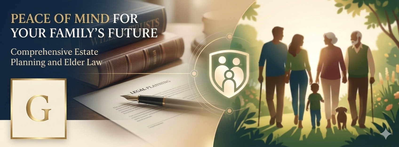 The image is split into two sections. The left side features a stack of law books, a legal planning document, and a pen. Text reads, 'PEACE OF MIND FOR YOUR FAMILY'S FUTURE' and 'Comprehensive Estate Planning and Elder Law.' The right side shows a family of five walking together outdoors, holding hands, with two dogs, under a large tree with sunlight filtering through.