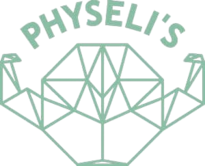 Logo von Physeli's, bestehend aus einer stilisierten, geometrischen Illustration einer Muskelfaszie in Mintgrün mit dem Text 'PHYSALI'S' darüber.