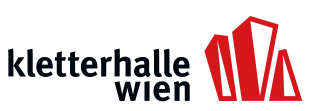 Logo der Kletterhalle Wien, bestehend aus schwarzen und roten Kletterfelsen und schwarzem Text.
