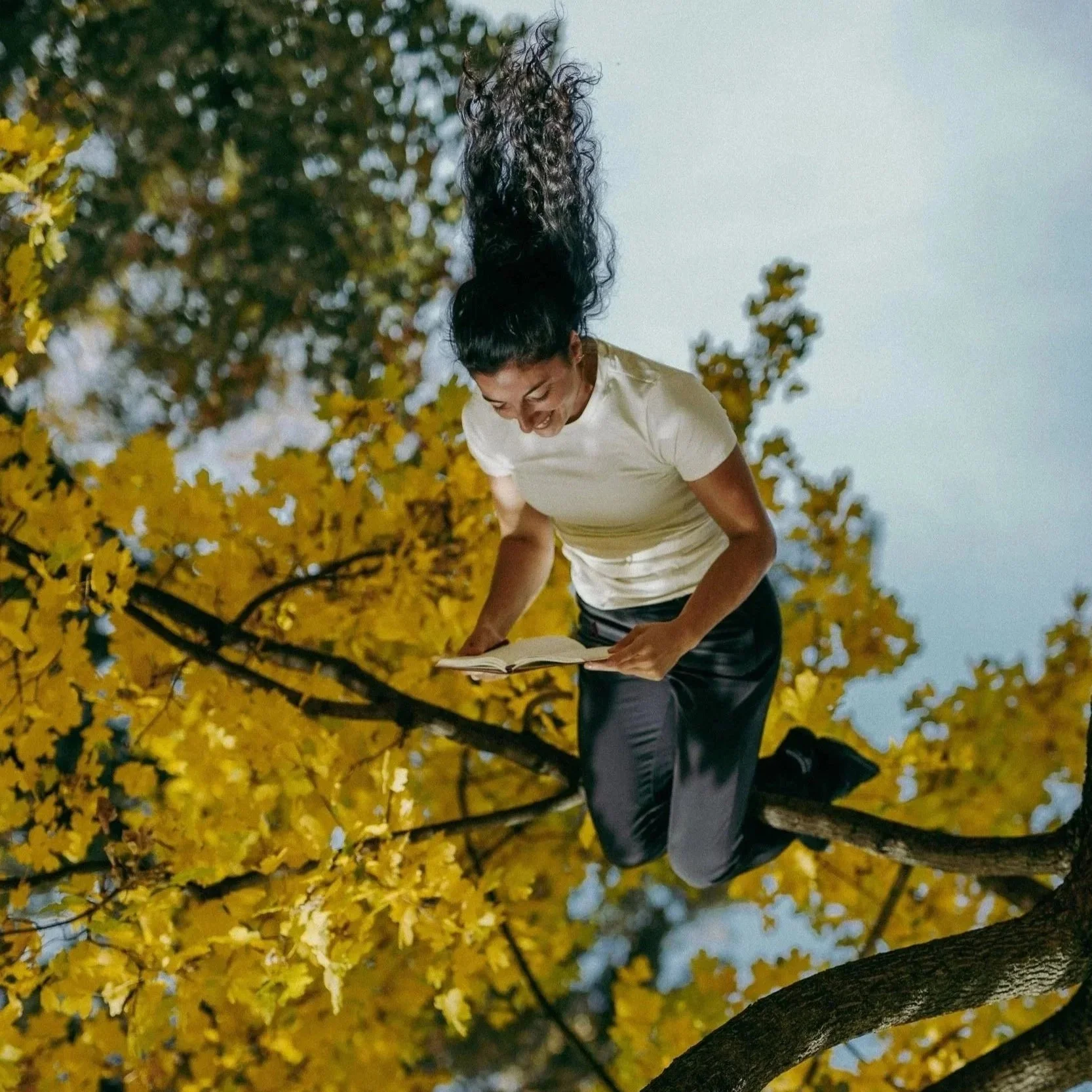 Frau in weißen T-Shirt liest in einem Buch im Baum mit gelben Herbstblättern, bei Dämmerlicht.