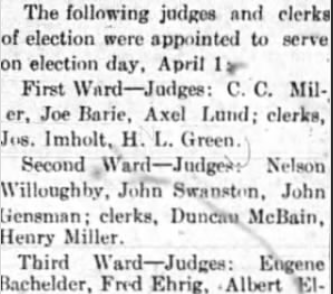 List of judges and clerks appointed for election day, April 1, including First Ward, Second Ward, and Third Ward.