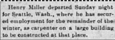 A newspaper clipping about Henry Miller leaving for Seattle, Washington, for security employment.
