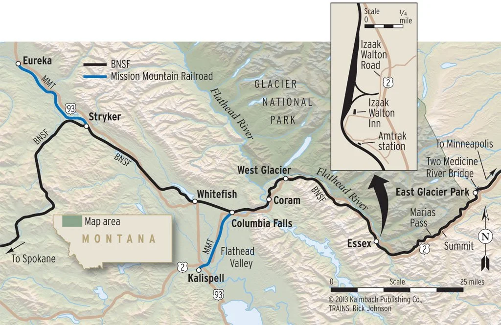 Map of the Glacier National Park area in Montana showing various towns, routes, and landmarks including the BNSF and Mission Mountain Railroad lines, Glacier National Park, and nearby cities like Spokane and Minneapolis.