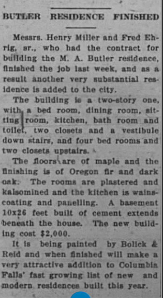 Historical newspaper clipping about the completion of a residence for M. A. Butler, describing the house's features and construction details.
