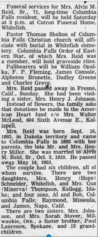 Obituary notice for Mrs. Alvin M. Reid. Includes details about funeral arrangements, her death, birth, family, and surviving children.