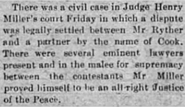 A blurry black-and-white newspaper clipping about a civil case involving Judge Henry Miller, Mr. Rytker, and Mr. Miller, mentioning lawyers and a dispute about the contest.