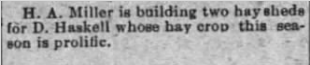 Excerpt from a newspaper about H. A. Miller building two hay sheds for D. Haskell.