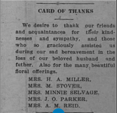 Black and white card of thanks with names of women expressing gratitude for support during a loved one's funeral.