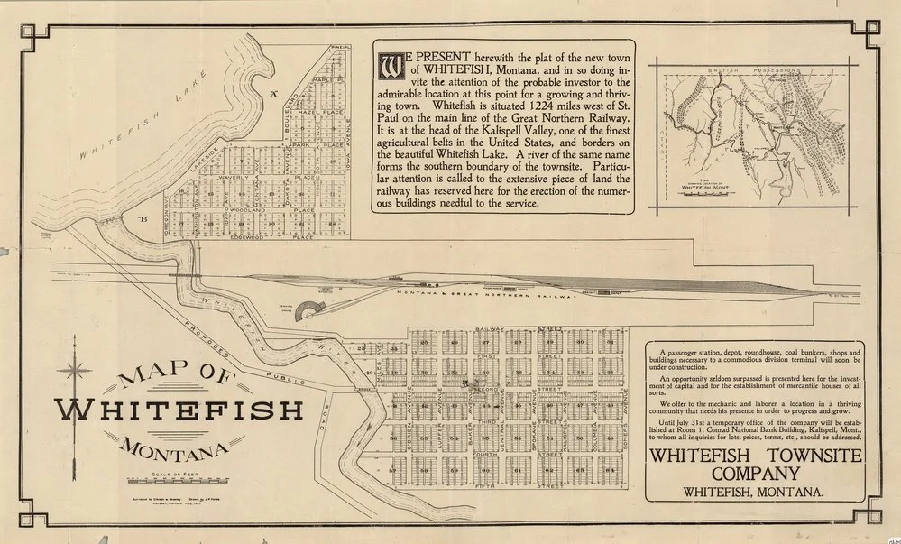Historical map of Whitefish, Montana, showing streets, railway, the lake, and township layout with annotations and textual descriptions.