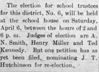 A newspaper clipping about a school trustee election scheduled for April 6, mentioning judges and a petition for re-election.