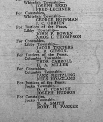 Historical document listing names and titles of individuals associated with law enforcement and justice, including police constables and justice of the peace, divided by township and county.