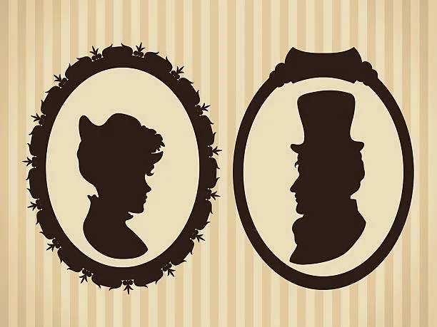 Silhouette portraits of a woman and a man in profile, framed in ornate oval frames, hanging on a striped wall.