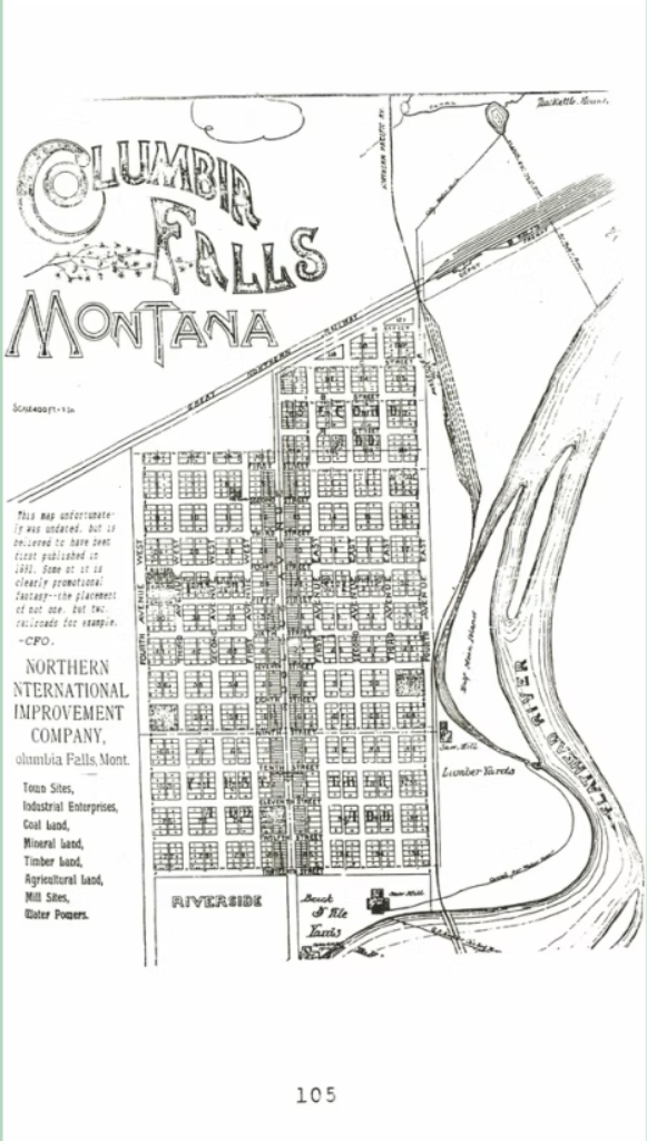 Historical map of Columbia Falls, Montana, showing town layout, streets, river, and surrounding land features.