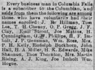 Image of a newspaper article listing names of individuals enrolled in Columbia Falls, including J. R. Hillman, Tom Lee, T. H. Cheney, O. P. Gregg, J. F. Clay, and others.