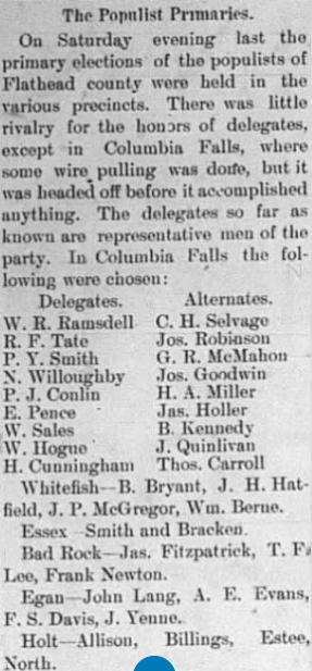 A newspaper clipping about the 1912 primary elections for the Populist Party in Columbia Falls, listing delegates and alternates, including names like W. R. Ramsdell, C. H. Selvage, Jos. Robinson, and others.