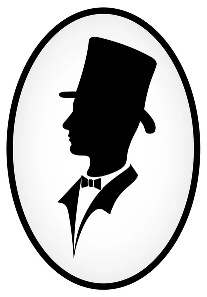 Silhouette of a man wearing a top hat, bow tie, and tuxedo inside an oval frame.