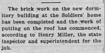 A black-and-white newspaper clipping about brick work at a dormitory building, mentioning Henry Miller.