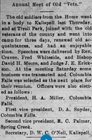 Clipping of a newspaper article about the annual meet of old veterans, mentioning their activities, speeches, and elected officers. The article references locations like Kalispell, Columbia Falls, and Spring Creek.
