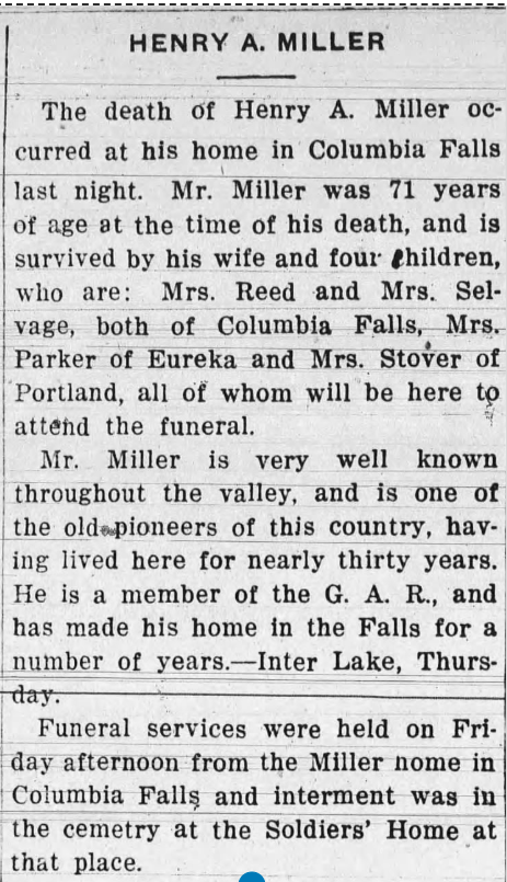 Obituary for Henry A. Miller, detailing his death at home in Columbia Falls, age 71, survived by wife and four children, and mentioning his prominence and funeral details.
