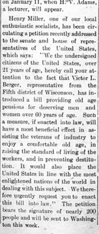 A newspaper clipping about Henry Miller and a proposed bill for old age pensions for citizens over 60, with details about the bill and a petition signed by nearly 200 people.