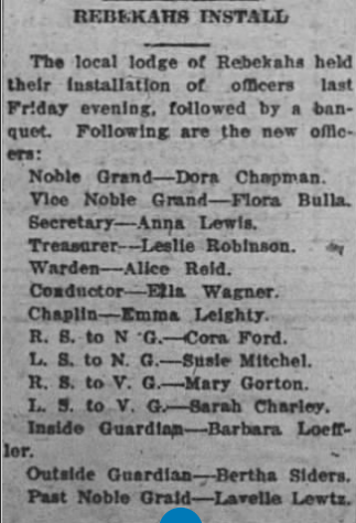 A black-and-white newspaper clipping listing the installation of officers for the Rebekahs lodge, including names and roles such as Noble Grand, Secretary, Treasurer, and Guardian.