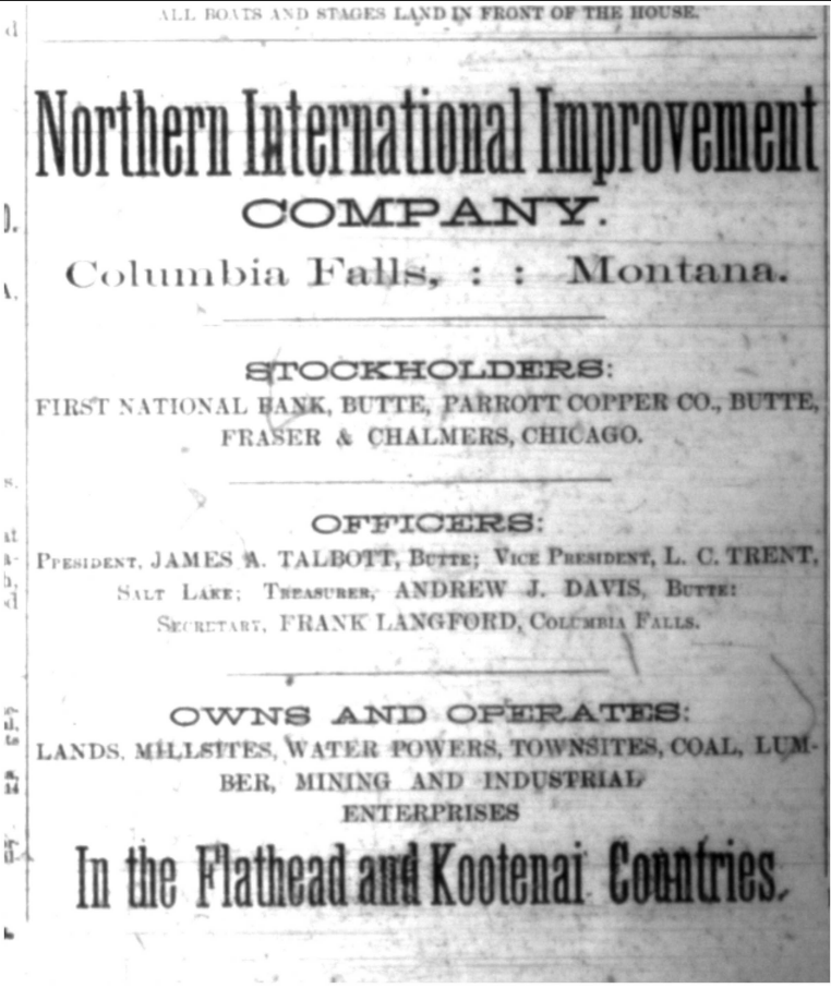 Historical advertisement for Northern International Improvement Company, based in Columbia Falls, Montana, with officers listed and emphasizing ownership of lands, water powers, and industries in Flathead and Kootenai Counties.