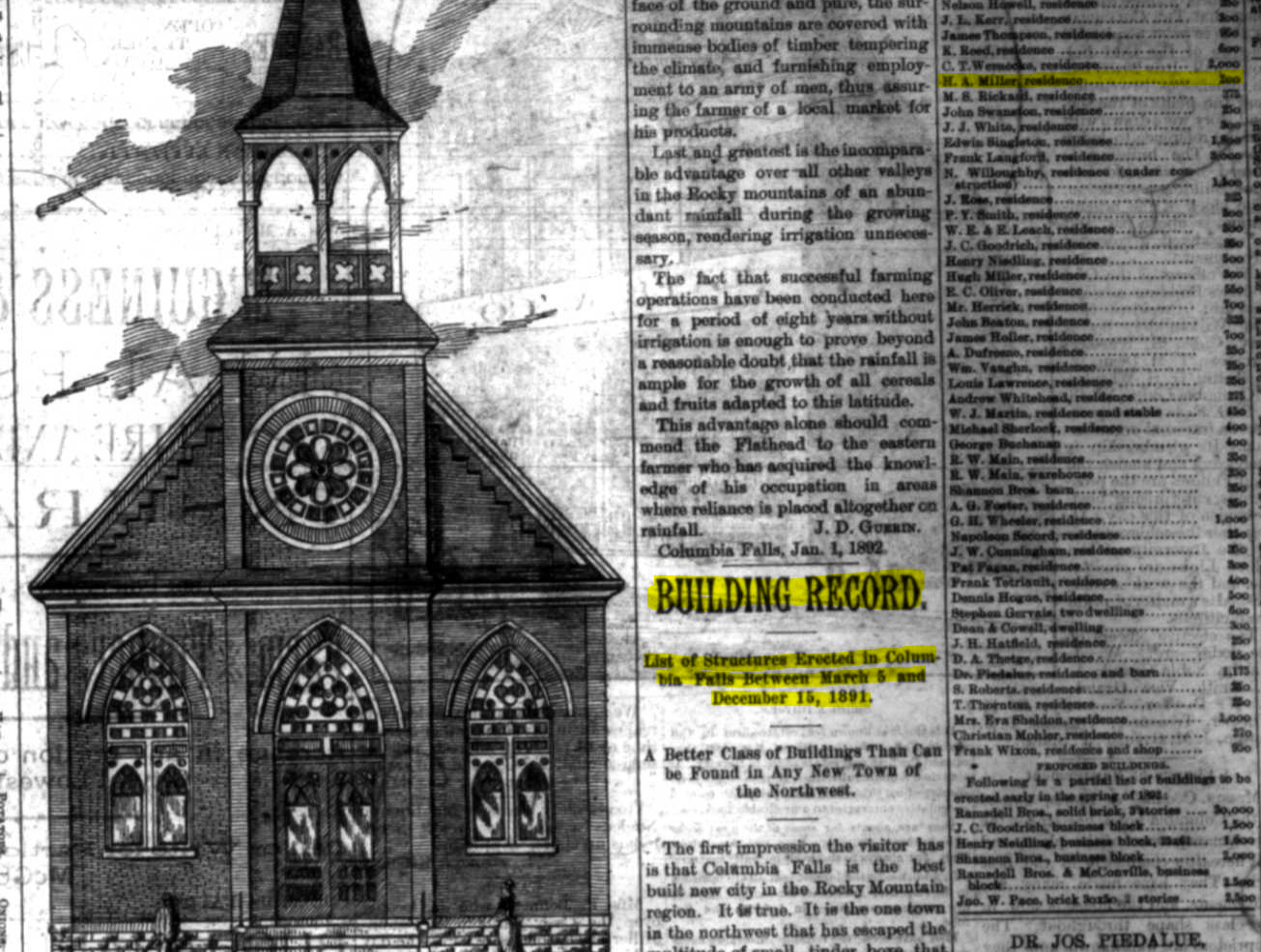 Historical newspaper clipping showing an illustration of a church building and a list of structures. Highlighted text notes it is a building record listing structures erected in Columbia Falls between March 5 and December 15, 1891.