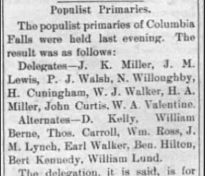Black and white newspaper clipping titled 'Populist Primaries' listing delegates and alternates for Columbia Falls, with names and titles.