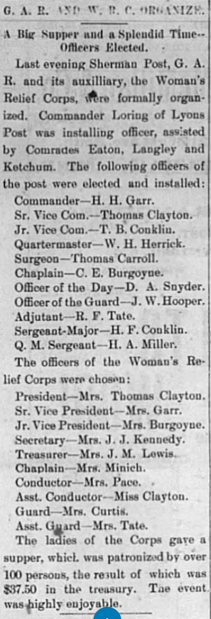 Historical newspaper article about a Woman's Relief Corps event, describing officers elected, a supper hosted by women, and its successful fundraising.
