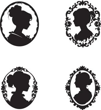 Four silhouette profiles of women in vintage oval and floral frames, arranged in a grid.