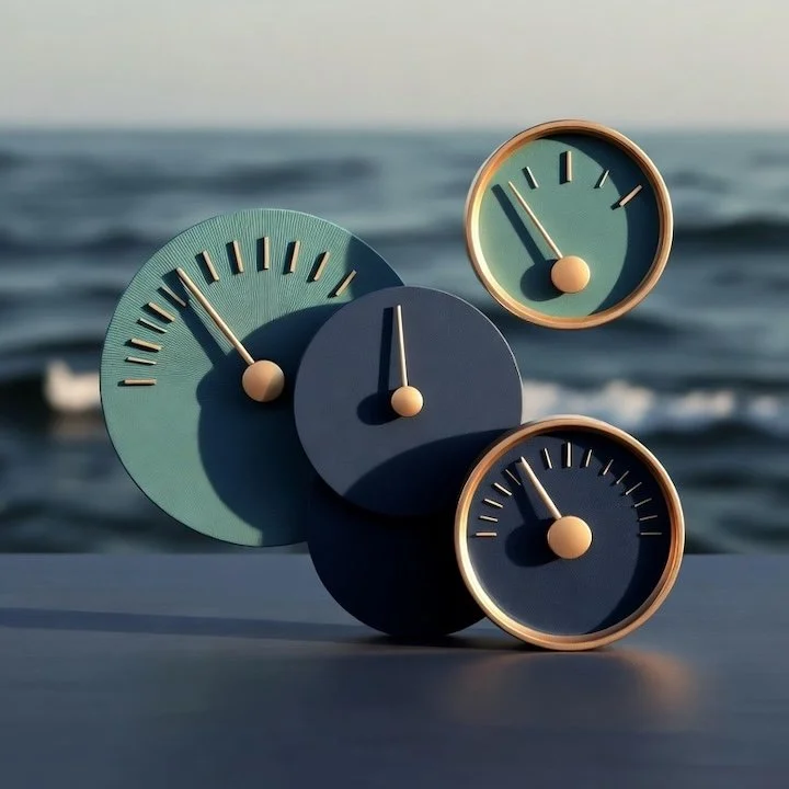 Four analog clocks in pastel colors on a surface with ocean waves in the background.