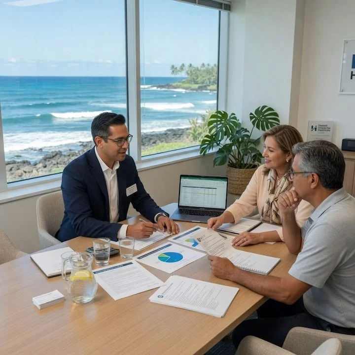 Three business people having a meeting at a table with documents and a laptop, overlooking a beach view through large windows.