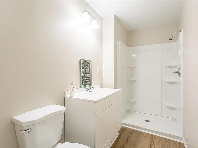 Bathroom with a toilet, a white vanity with sink and mirror, and a white shower with built-in shelves.