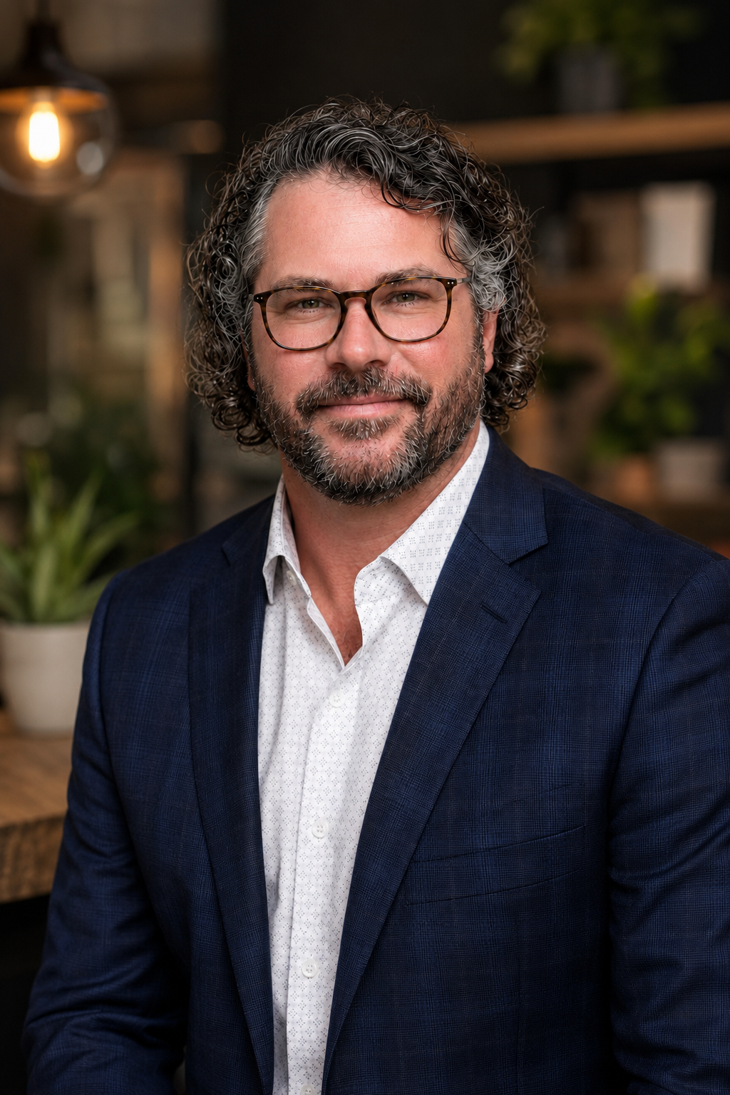 A middle-aged man with curly gray hair and glasses, wearing a white shirt and navy blazer, smiling in a well-lit indoor setting with plants and warm lighting.